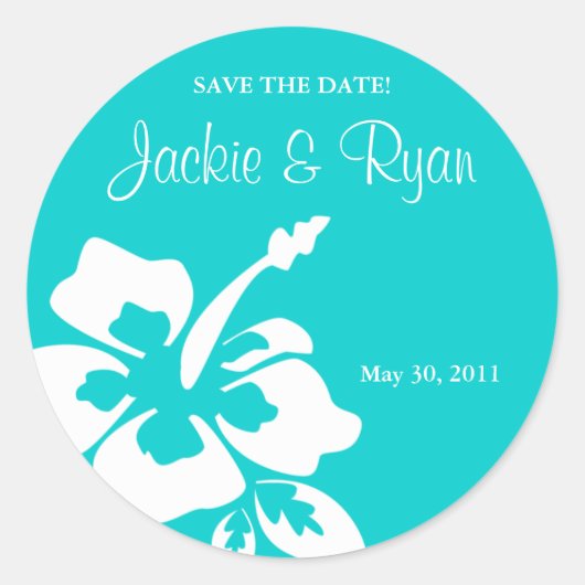 Save the Date Beach Wedding Stickers Hibiskus Blue (Vorderseite)