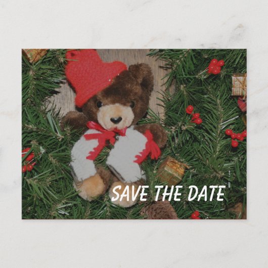 Save the Date Bear Wreath Holiday Postcard Ankündigungspostkarte (Vorderseite)