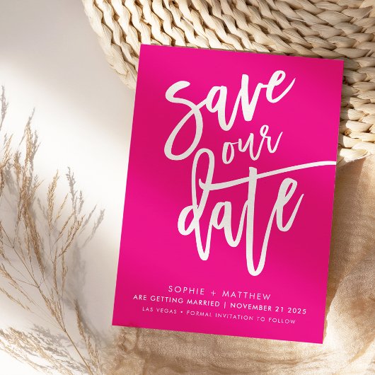 SAVE THE DATE bearbeitetes Drehbuch Fuschia white Einladung