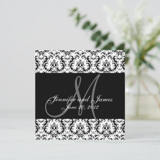 Save the Date Black Damask Monogram (Stehend Vorderseite)