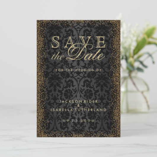 Save the Date Black Damask und Gold Confetti Glitt (Stehend Vorderseite)
