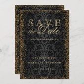 Save the Date Black Damask und Gold Confetti Glitt (Vorne/Hinten)