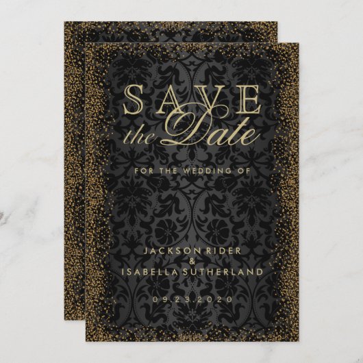 Save the Date Black Damask und Gold Confetti Glitt (Vorne/Hinten)