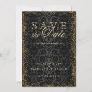 Save the Date Black Damask und Gold Confetti Glitt