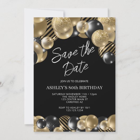 Save the Date Black Gold 80. Geburtstag Einladung (Vorderseite)
