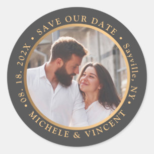 Save the Date Black Gold Foto Runder Aufkleber