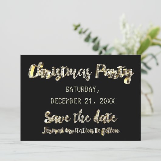Save the Date Black Gold Script Weihnachts-Party (Stehend Vorderseite)