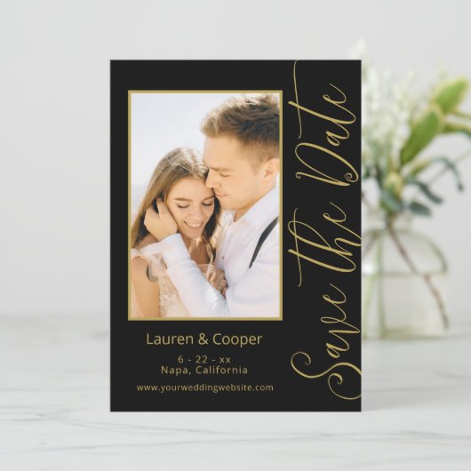 Save the Date Black Gold Stilvolle Moderne Hochzei (Stehend Vorderseite)