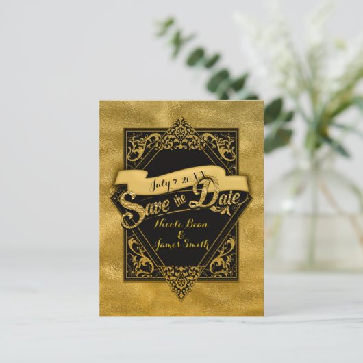 Save the Date Black & Imitats Gold Elegante Verlob Postkarte (Stehend Vorderseite)