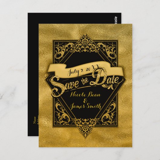 Save the Date Black & Imitats Gold Elegante Verlob Postkarte (Vorne/Hinten)