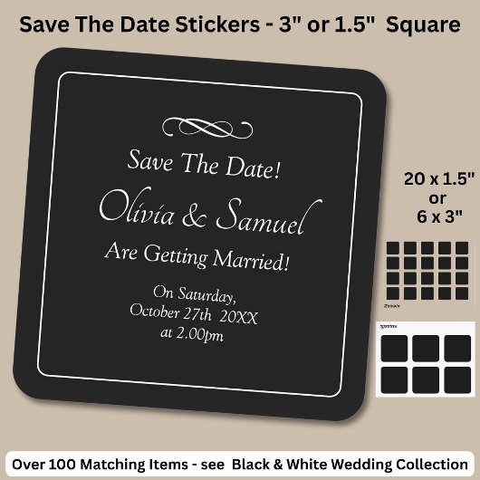 Save The Date - Black & White with Infinity Scroll Quadratischer Aufkleber