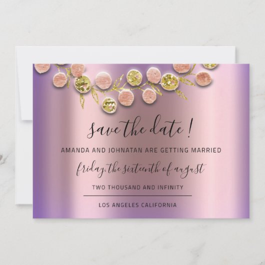 Save the Date Black Wreath Rose Gold Lila (Vorderseite)