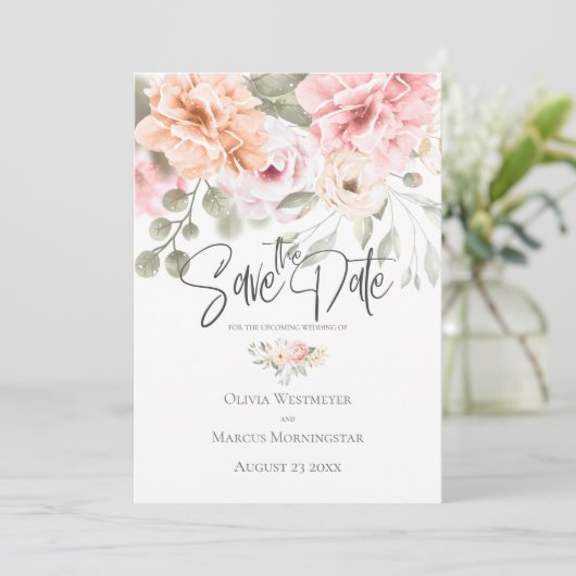 Save the Date Blassrosa Hütte Peonys Einladung (Stehend Vorderseite)