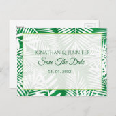 Save the Date Blätter aus weißer Tropenpalme Ankündigungspostkarte (Vorne/Hinten)