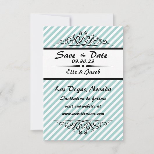Save the Date blau gestreift - 3x5 Flachbild-Fotok (Vorderseite)