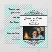 Save the Date blau gestreift - 3x5 Flachbild-Fotok (Vorne/Hinten)