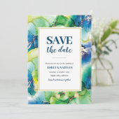 Save the Date blau, grün und goldfarben Einladung (Stehend Vorderseite)