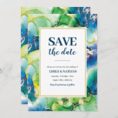 Save the Date blau, grün und goldfarben Einladung (Vorne/Hinten)