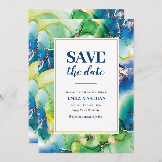 Save the Date blau, grün und goldfarben Einladung (Vorne/Hinten)