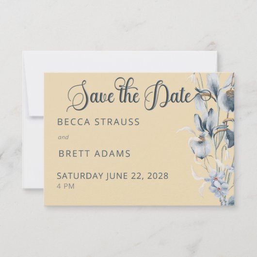 Save the Date blaue Gelb- und Weißblütenkarte (Vorderseite)