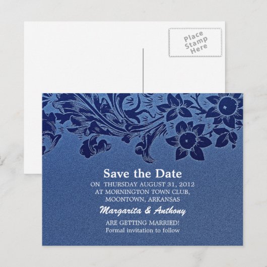 Save the Date blaue Postkarten (Vorne/Hinten)