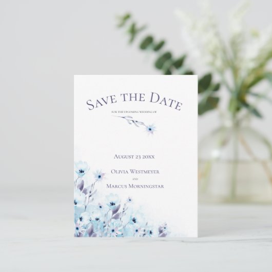 Save the Date Blauer Garten Postkarte (Stehend Vorderseite)