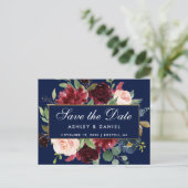 Save the Date blauer Goldmit blumenrahmen Ankündigungspostkarte (Stehend Vorderseite)
