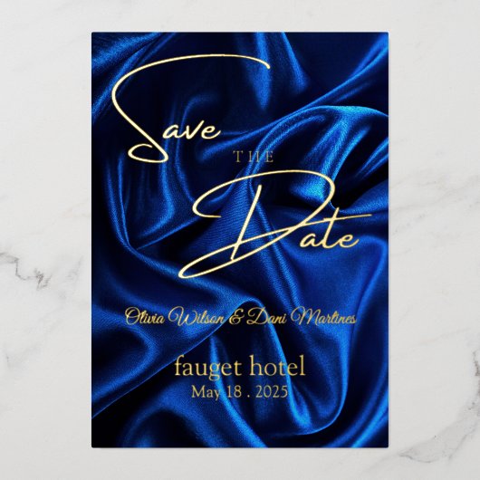 Save the Date blauer Seidenhintergrund Folieneinladung (Vorderseite)