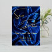 Save the Date blauer Seidenhintergrund Folieneinladung (Stehend vorne)