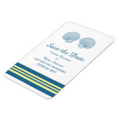 Save the Date blaugelbe Muscheln Magnet (Linke Seite)