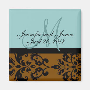 Save the Date Blue Brown Damask Wedding Magnet
