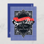 Save the Date Blue Checkered Gingham Verlobung Postkarte (Vorne/Hinten)
