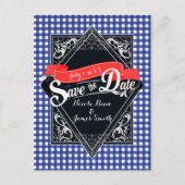 Save the Date Blue Checkered Gingham Verlobung Postkarte (Vorderseite)