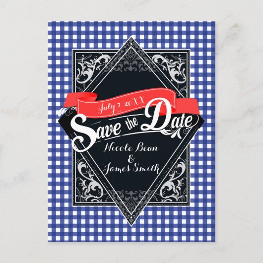 Save the Date Blue Checkered Gingham Verlobung Postkarte (Vorderseite)