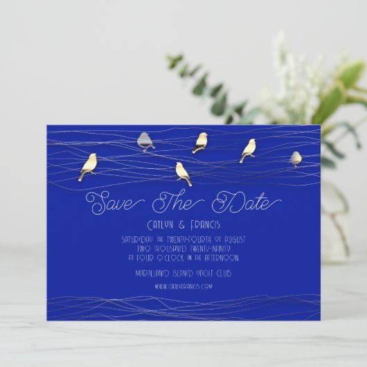 Save the Date Blue Custom Foto Hütte Birds Einladung (Stehend Vorderseite)