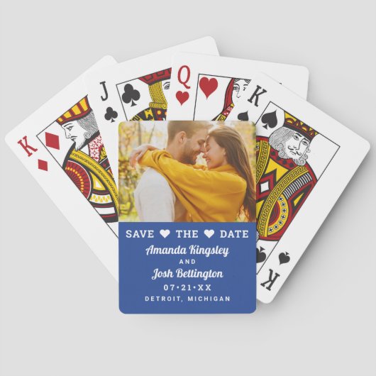 Save the Date Blue Custom Wedding Foto Spielkarten (Rückseite)