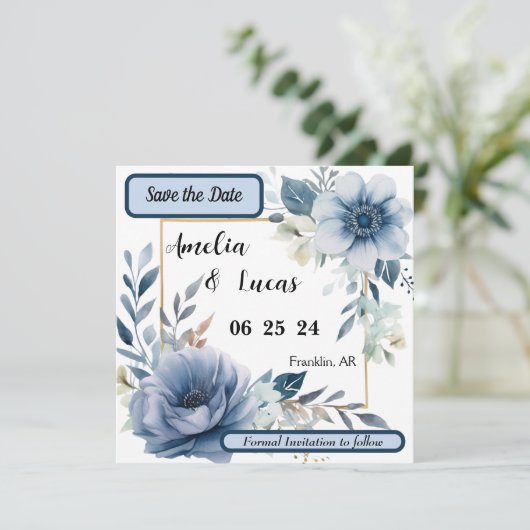 Save the Date Blue Floral (Stehend Vorderseite)