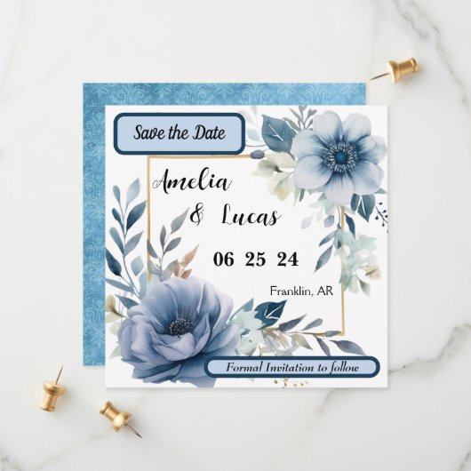 Save the Date Blue Floral (Vorderseite/Rückseite Beispiel)