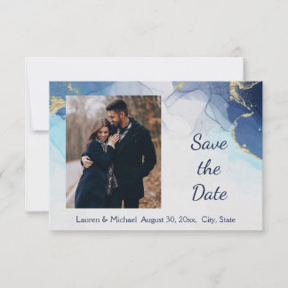 Save the Date Blue Gold Watercolor Wedding Einladung