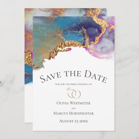 Save the Date Blue Magenta Lila Gold Ink Einladung (Vorne/Hinten)