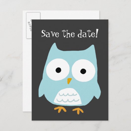 "Save the Date!" Blue Owl Custom Ankündigungspostkarte (Vorne/Hinten)