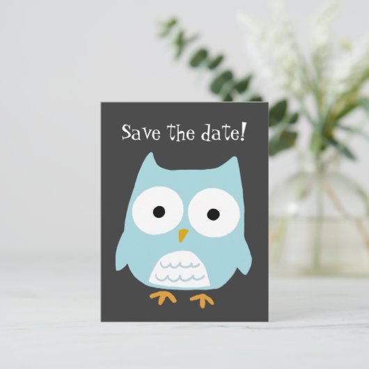 "Save the Date!" Blue Owl Custom Ankündigungspostkarte (Stehend Vorderseite)