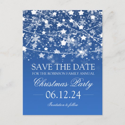 Save the Date Blue Winter Holiday String Lights Ankündigungspostkarte (Vorderseite)