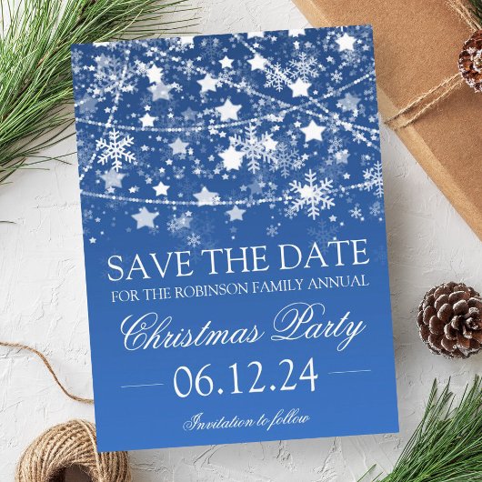 Save the Date Blue Winter Holiday String Lights Ankündigungspostkarte