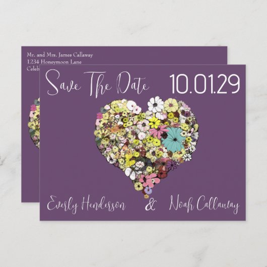 Save the Date Blume und Blätter Herzform Ankündigungspostkarte (Vorne/Hinten)