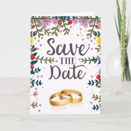 Save the Date Blume und Hochzeitsringe (Vorderseite)