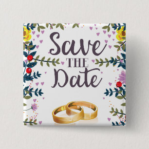 Save the Date Blume und Hochzeitsringe Button