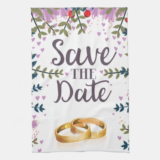 Save the Date Blume und Hochzeitsringe Geschirrtuch (Vertikal)