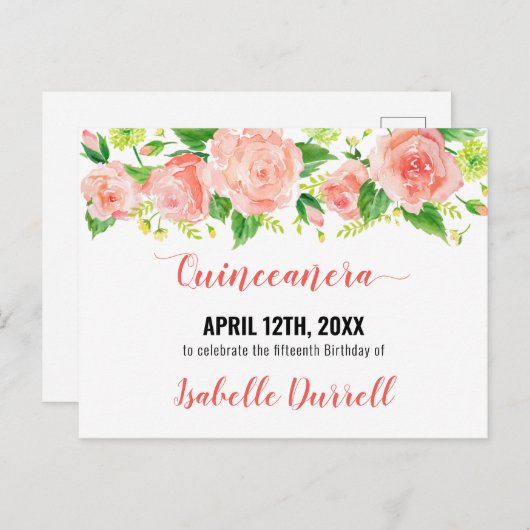 Save the Date Blumenkoralle Pfirsich Rosa Rose Blu Ankündigungspostkarte (Vorne/Hinten)