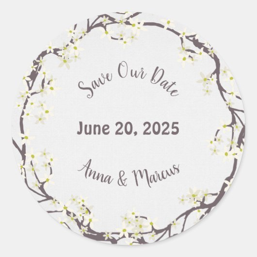 Save the Date Blumenkranz Runder Aufkleber (Vorderseite)